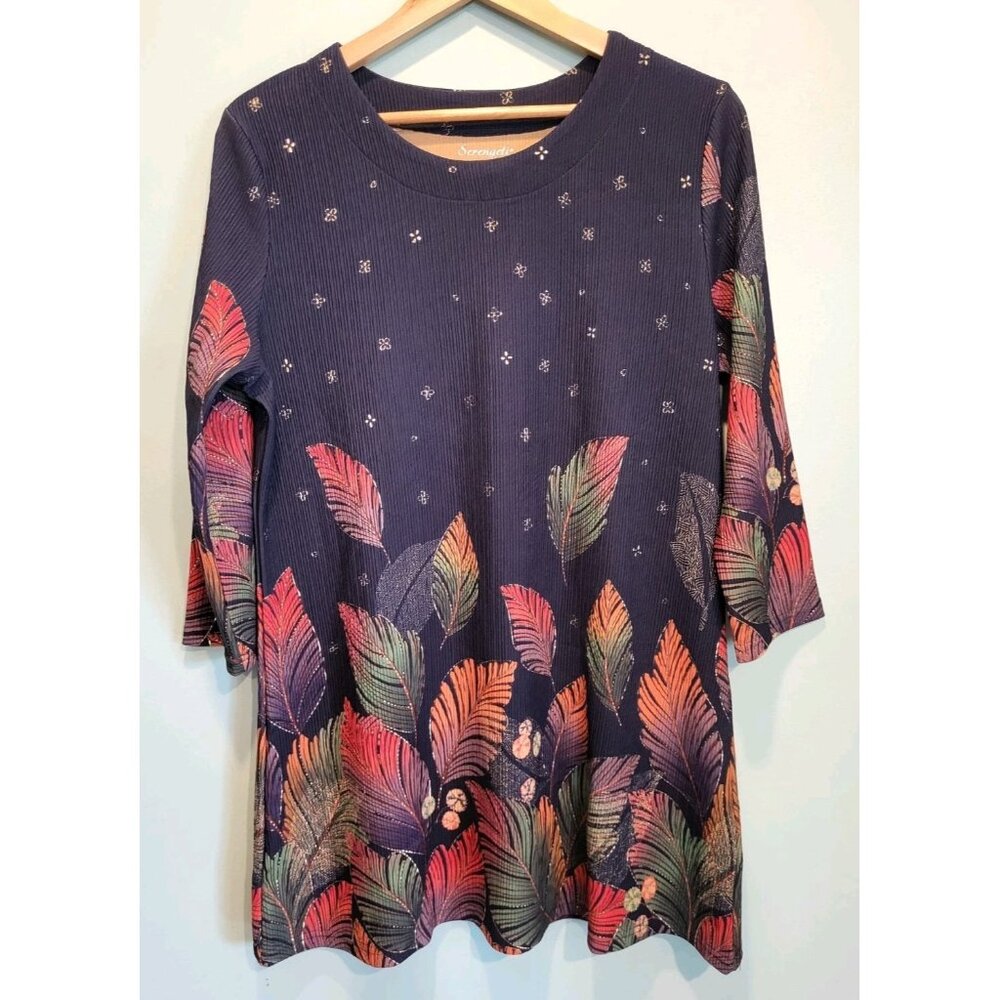 Dark Multicolor Autumn Leaf Long Sleeve Stretchy Tunic Top Serengeti Sz L